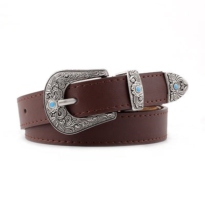 Metal Engraved Buckle Pu Leather Belts Ladies 107cm Bohemian Style Fashion