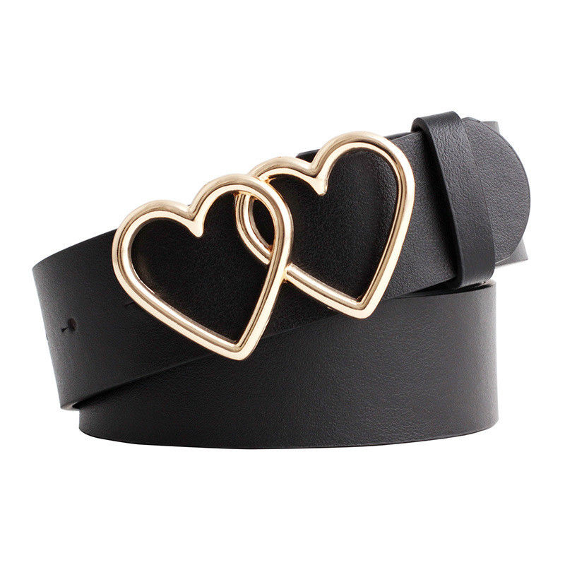 Ladies 107cm Faux Leather Belt Heartdouble Buckle Waist Belt